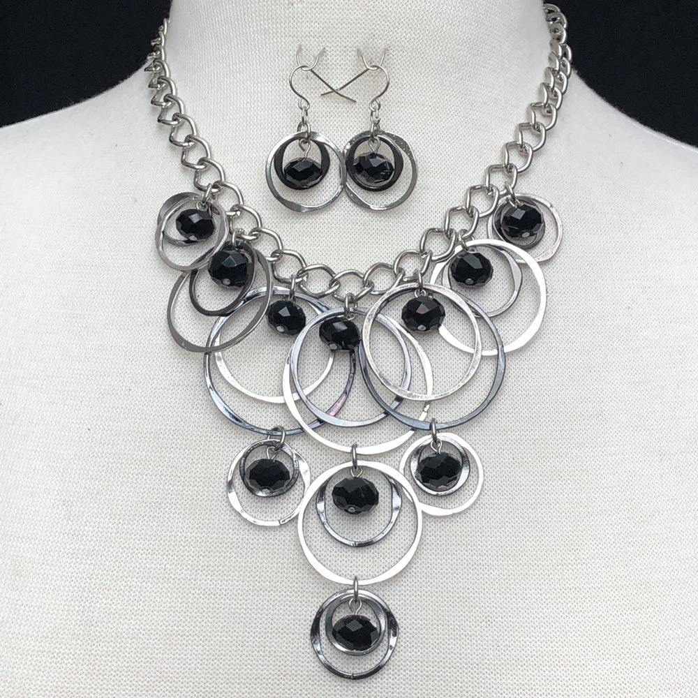 Dramatic Ring Drop Black Bead Necklace Earring Set